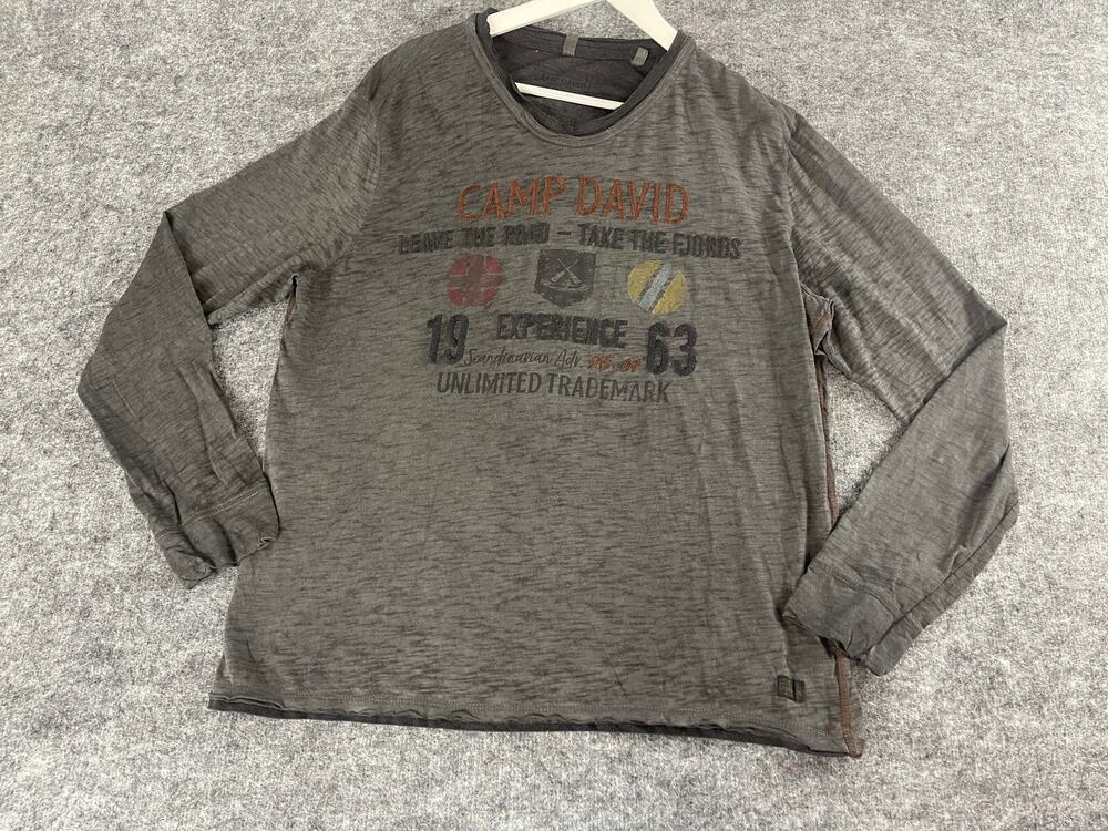 Camp David Shirt Mens Large Tee Gray Long Sleeve Embroidered Cotton N319